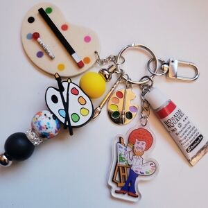 Handmade Bob Ross Artist Painter Art Palette Silicone Focal Beaded Keychain
